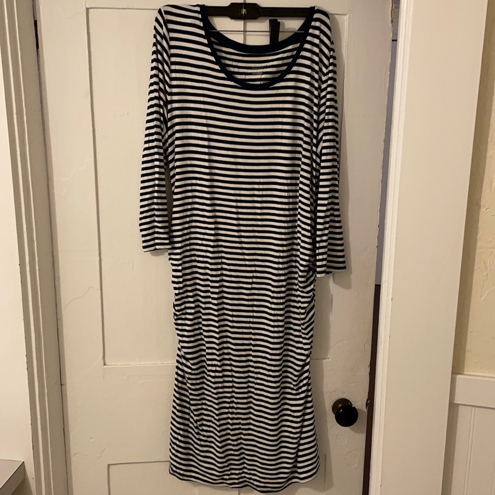 Blue and white striped maternity dress